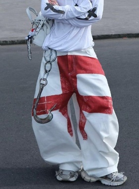 Start美式复古白色链条印花弯刀牛仔裤男小众宽松阔腿直筒长裤潮