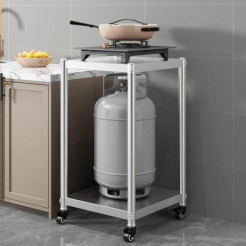 不锈钢厨房瓦斯罐灶台置物微波炉烤箱收纳层架可移动小推车两层带