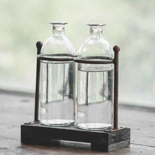 美式 花开了 木制底座铁木玻璃花瓶2瓶 3瓶 复古做旧客厅插花摆件