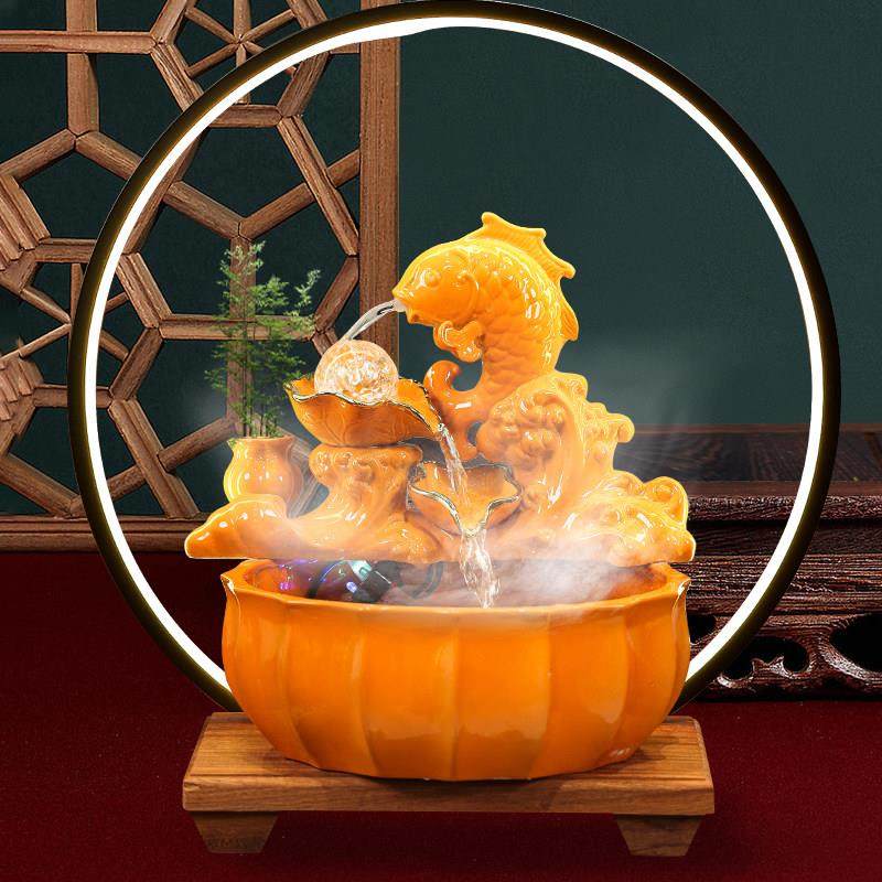 陶瓷循环流水喷泉雾化加湿器桌面摆件招财鱼缸乔迁新居礼品现代轻