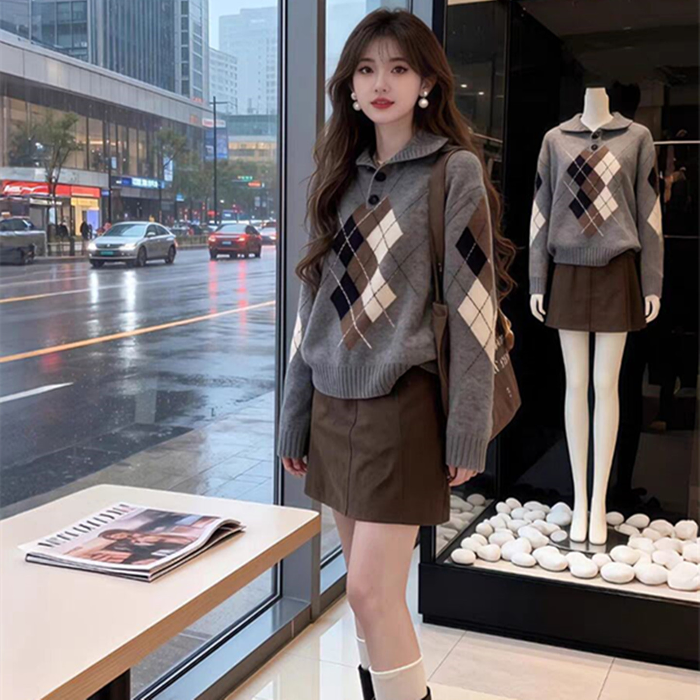 高级感洋气学院风菱格毛衣裙子女