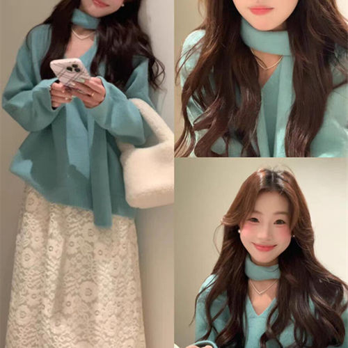 高级感洋气减龄慵懒风毛衣蕾丝裙