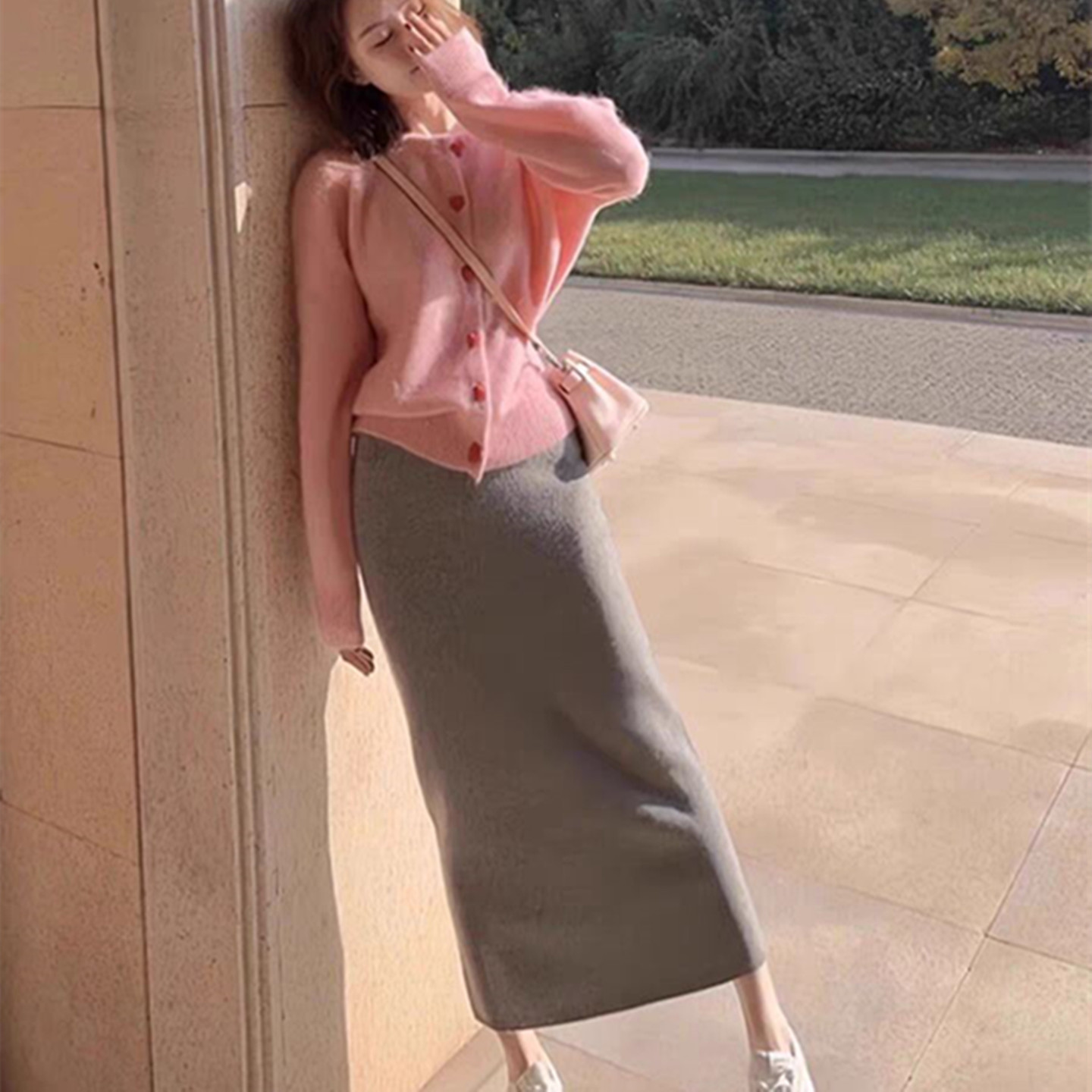 巨好看独特高端小香风粉色毛衣女