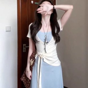 裙子巨好看韩系chic甜美温柔风挂脖吊带连衣裙子 夏日绝美漂亮套装
