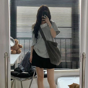 可盐可甜小个子韩系少女感慵懒学院风斜肩上衣百褶裙两件套装 夏季