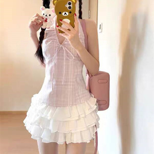 夏装 裙子 搭配一整套高级感韩系小个子甜辣风挂脖无袖 上衣两件套装