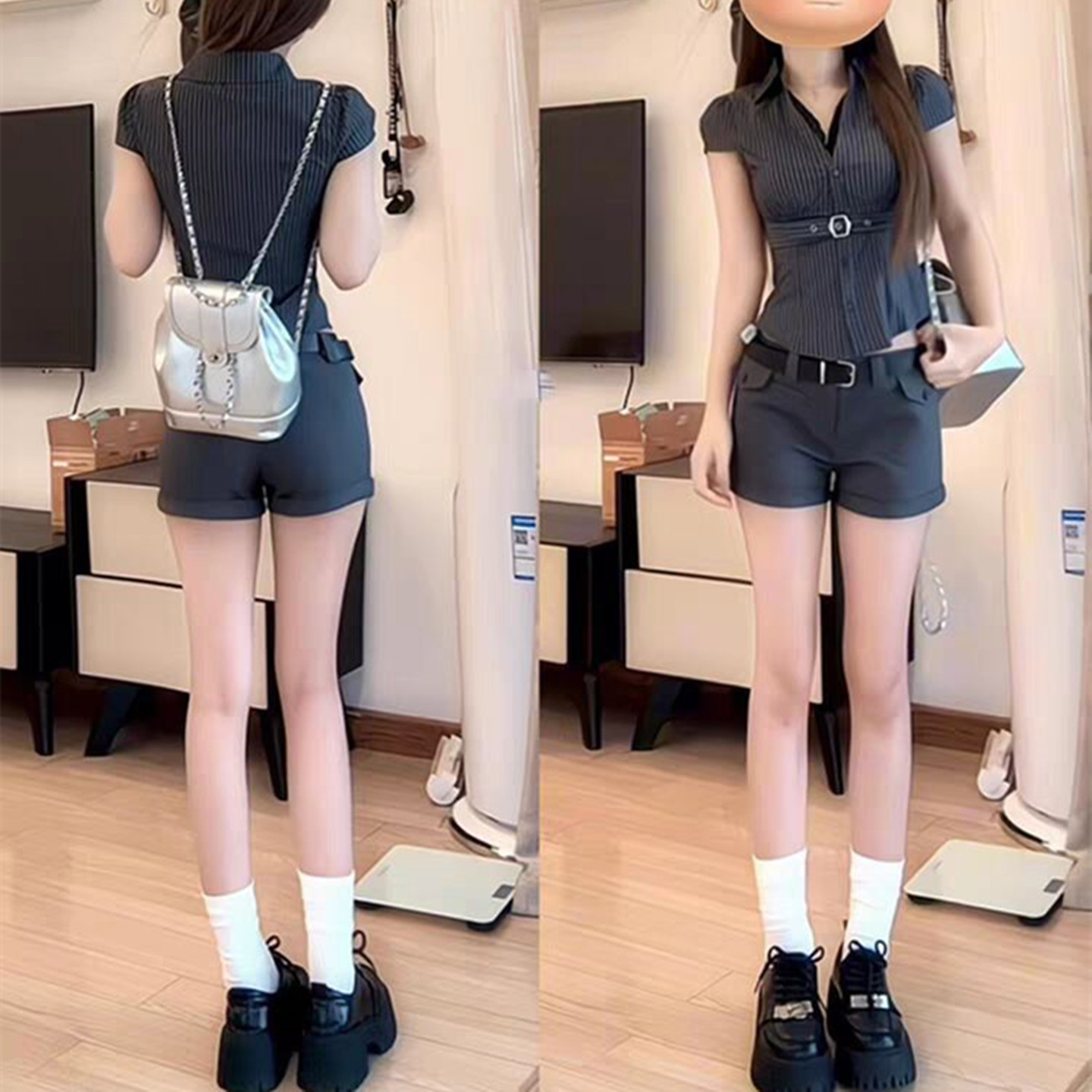 韩系小个子辣妹纯欲风衬衫短裤夏