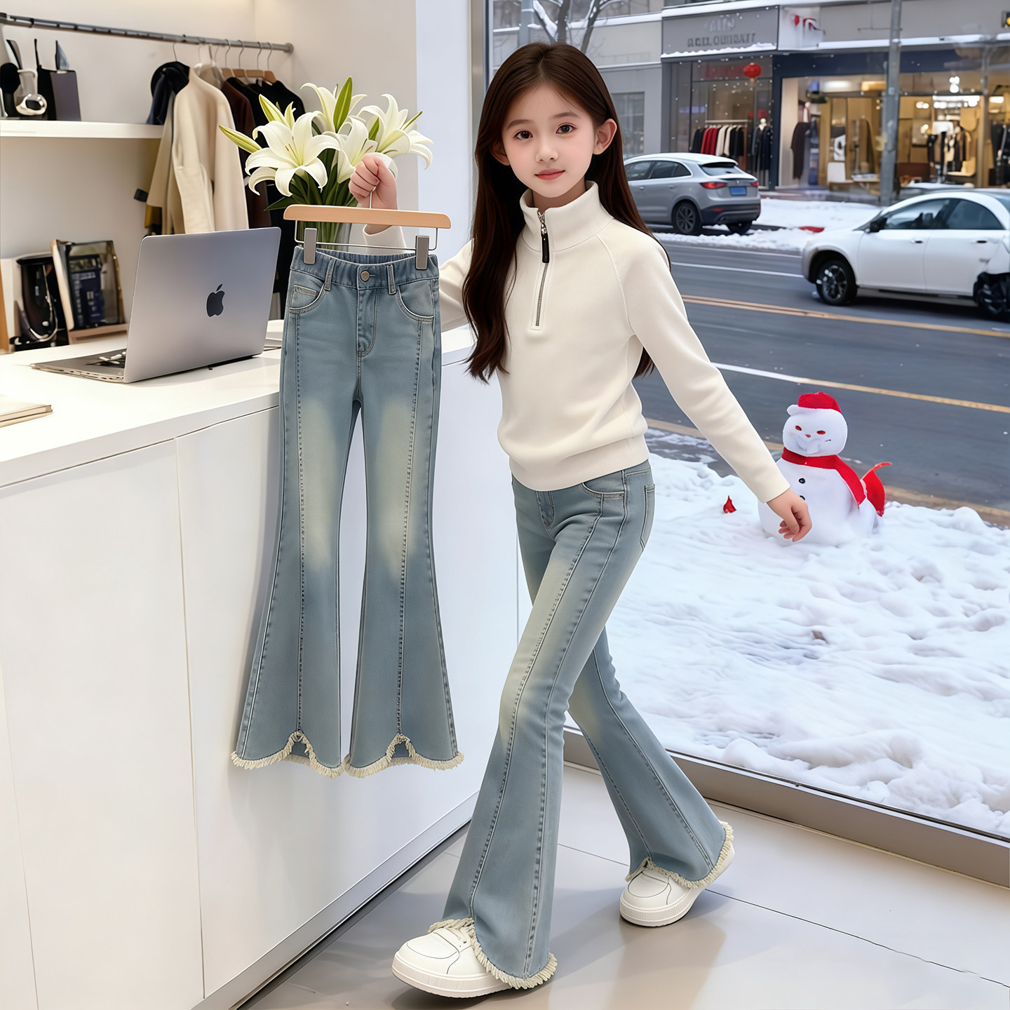女童喇叭裤春秋季2026新款儿童洋气百搭裤子女大童春装牛仔微喇裤