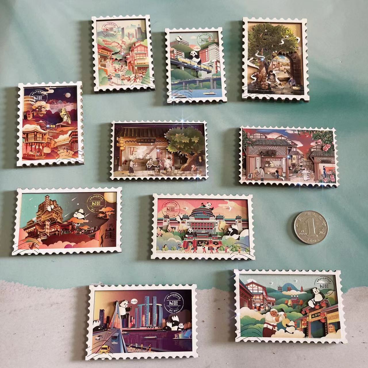 纸玩意重庆邮票冰箱贴木质手绘插画卡通可爱大礼堂一棵树纪念礼品