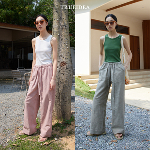 trueidea25夏 强捻砂洗人字纹条纹色织苎麻棉挺阔宽松休闲直筒裤