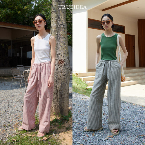 trueidea25夏 强捻砂洗人字纹条纹色织苎麻棉挺阔宽松休闲直筒裤