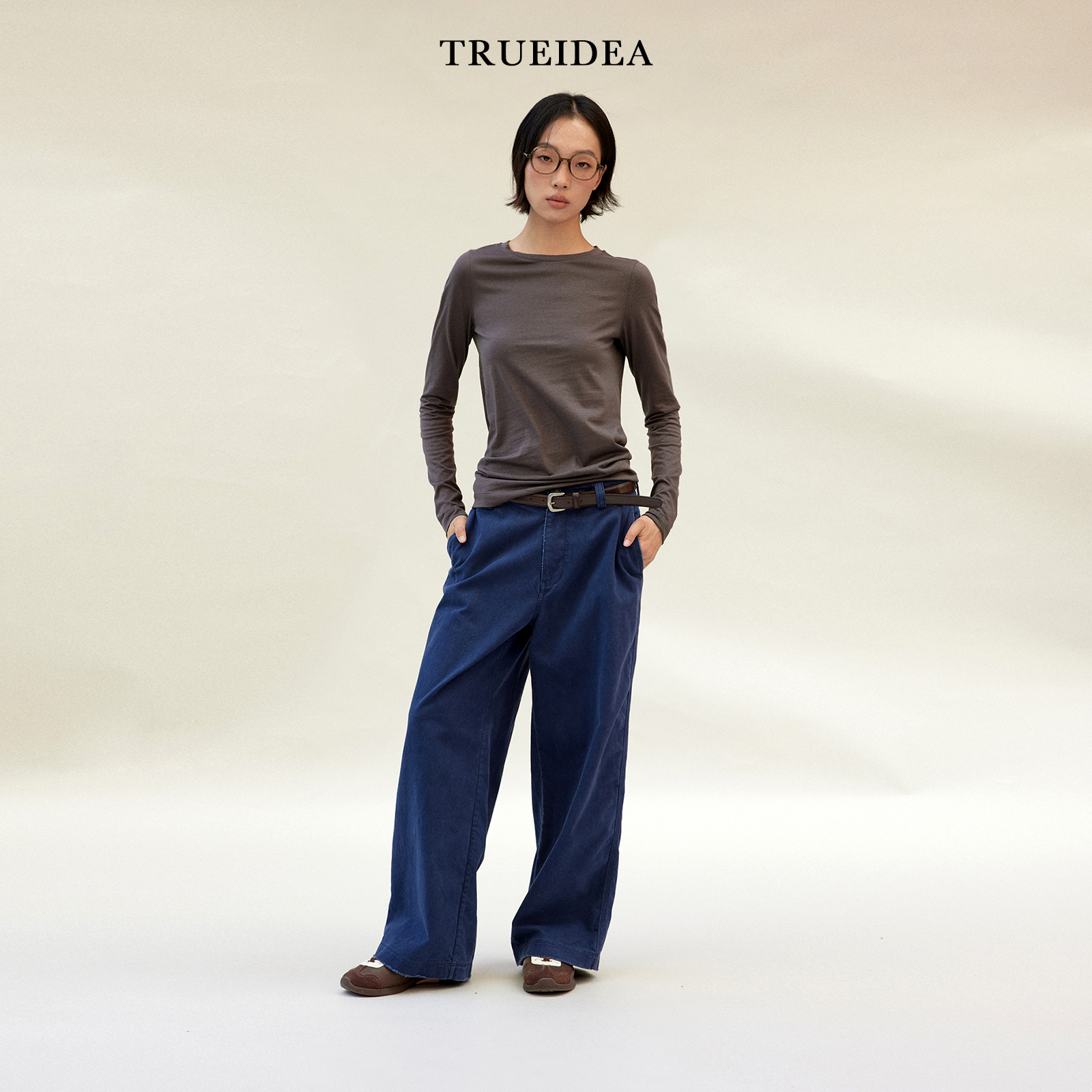 trueidea25秋冬 indigo靛蓝水洗磨边竹节棉法工长裤 百搭直筒裤