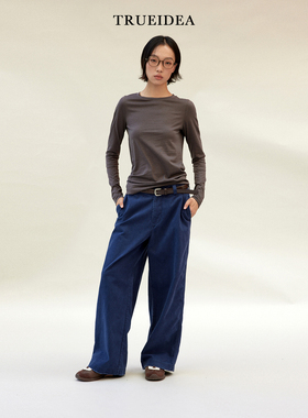 trueidea25秋冬 indigo靛蓝水洗磨边竹节棉法工长裤 百搭直筒裤