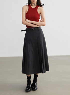 trueidea秋冬 cleanfit百搭精纺羊毛百褶裙 深灰/黑色