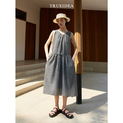 trueidea25夏 黑白色织莱赛尔棉泡泡格纹肌理立裁茧形系带连衣裙