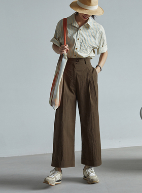 Trueidea夏 镇店裤型 轻薄色织棉 茶绿色高腰阔腿直筒八/九分裤