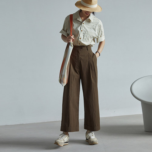 高腰复古色织棉显瘦直筒九分裤