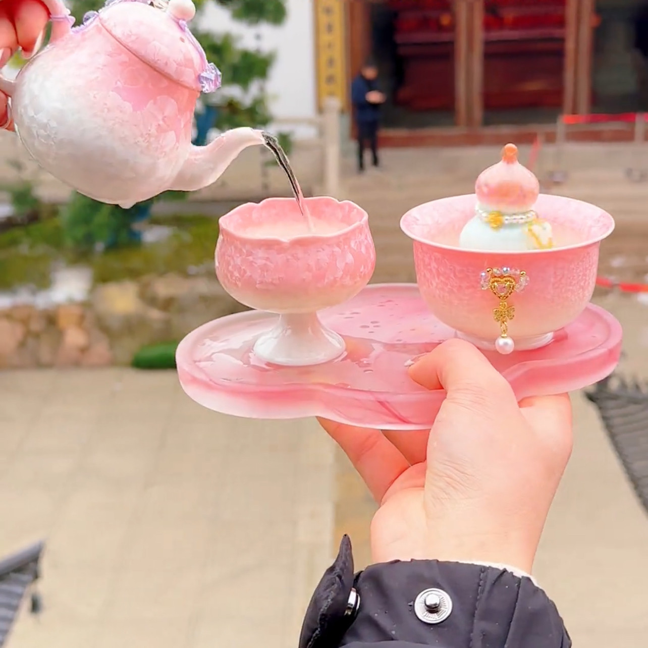 粉色冰裂杯子精美文创茶具渐变客厅摆件茶桌新款2026水壶水杯套装