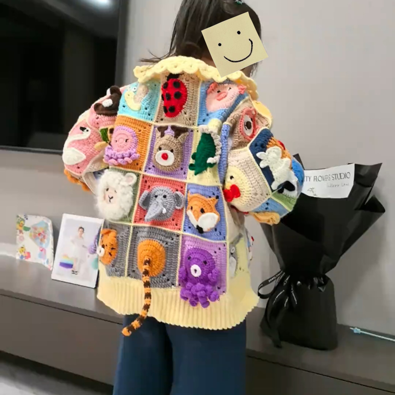 拼接格子小动物立体长袖开衫视频教程材料包DIY自制钩织上衣