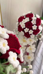 红色系新娘瀑布手捧花钩织diy材料包雪妃尔线材结婚领证用送闺蜜