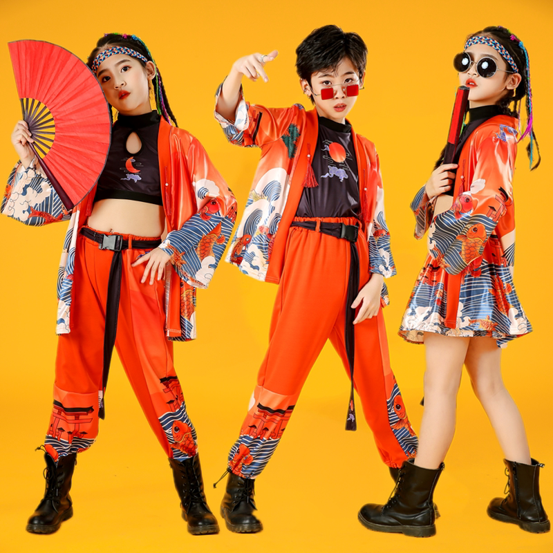 少儿国潮女童潮服中国风男童街舞嘻哈爵士舞套装模特t台走秀表演