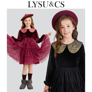 LYSUCS女童长袖 丝绒娃娃领礼服拜年裙公主裙 连衣裙秋冬新年新款
