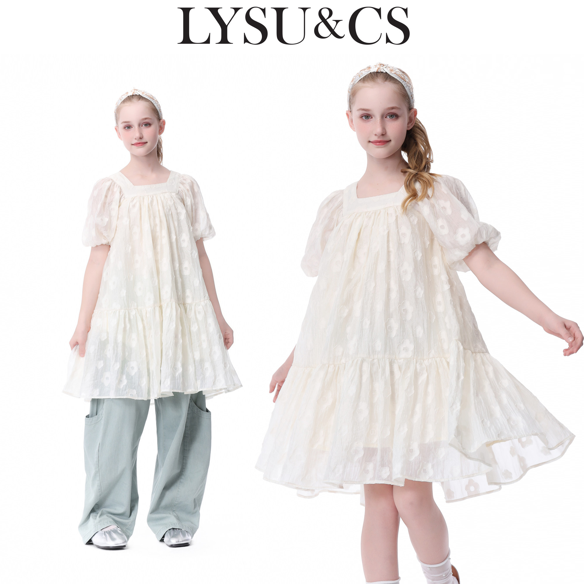 LYSUCS女童连衣裙夏季新款儿童公主礼服裙立体花朵高级感中长裙