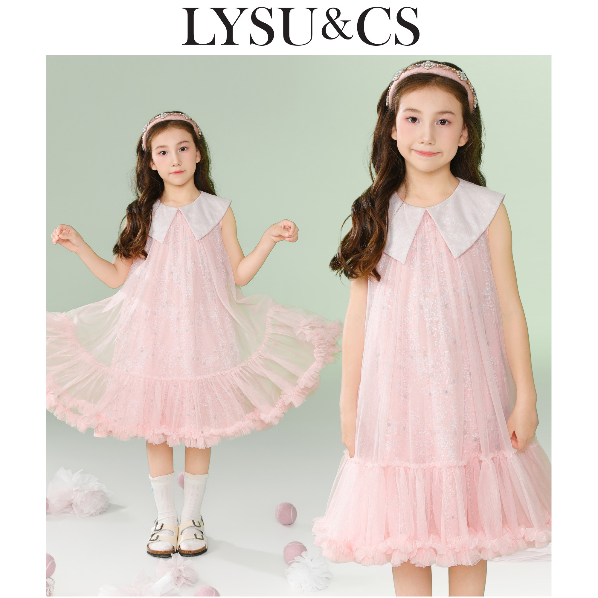 LYSUCS女童无袖连衣裙夏儿童奶油甜美风纱裙翻领超大蓬蓬裙礼服裙