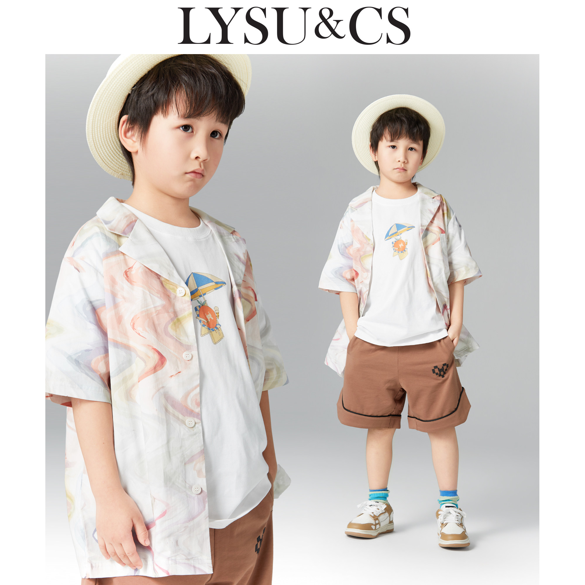LYSUCS夏季新款儿童白色上衣外套男女童中大童短袖印花翻领衬衫