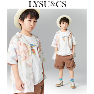 LYSUCS夏季新款儿童白色上衣外套男女童中大童短袖印花翻领衬衫