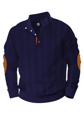 24跨境亚马逊欧美春秋重磅提花男士纽扣立领补丁亨利长袖休闲卫衣