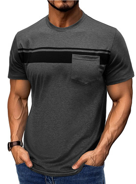 夏季跨境欧美男士短袖圆领t恤亚马逊男装套头条纹印花上衣