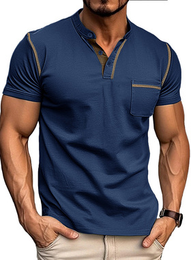 2024夏季跨境欧美男装短袖t恤男士亨利衫亚马逊上衣体恤衫