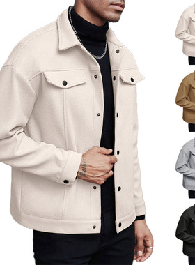 25欧美跨境亚马逊TEMU秋冬季翻领毛呢新款男外套休闲运动商务夹克