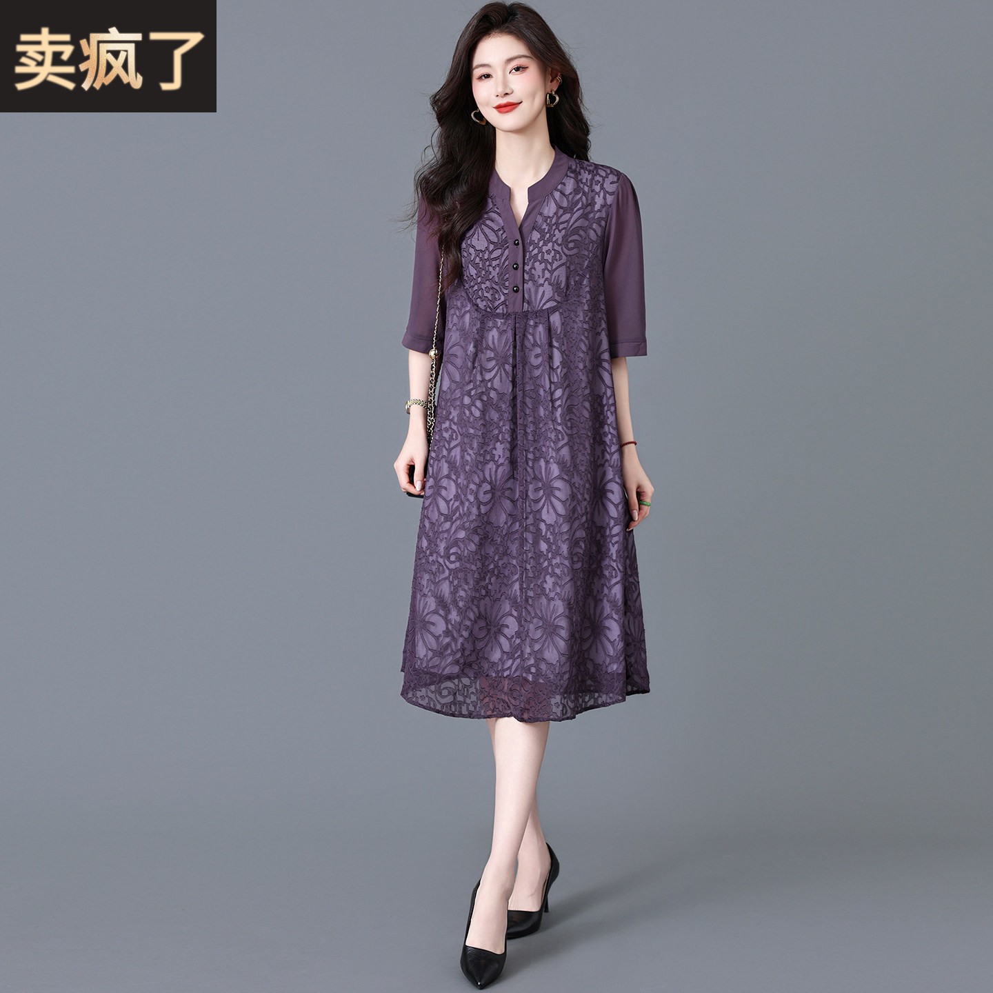 妈妈夏装重磅真丝连衣裙女2026新款洋气阔太太五分袖桑蚕丝格纹裙