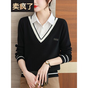 假两件上衣女时尚洋气春秋2025年新款V领衬衫拼接针织毛衣打底衫