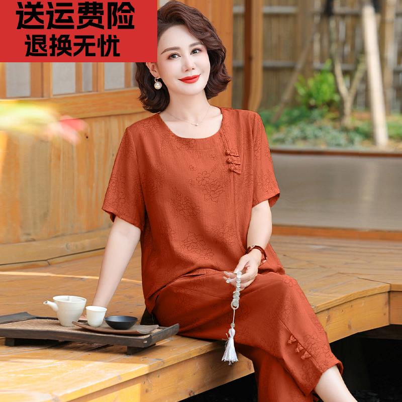中年妈妈夏装棉麻套装国风上衣2025新款中老年人棉绸女装夏季短袖