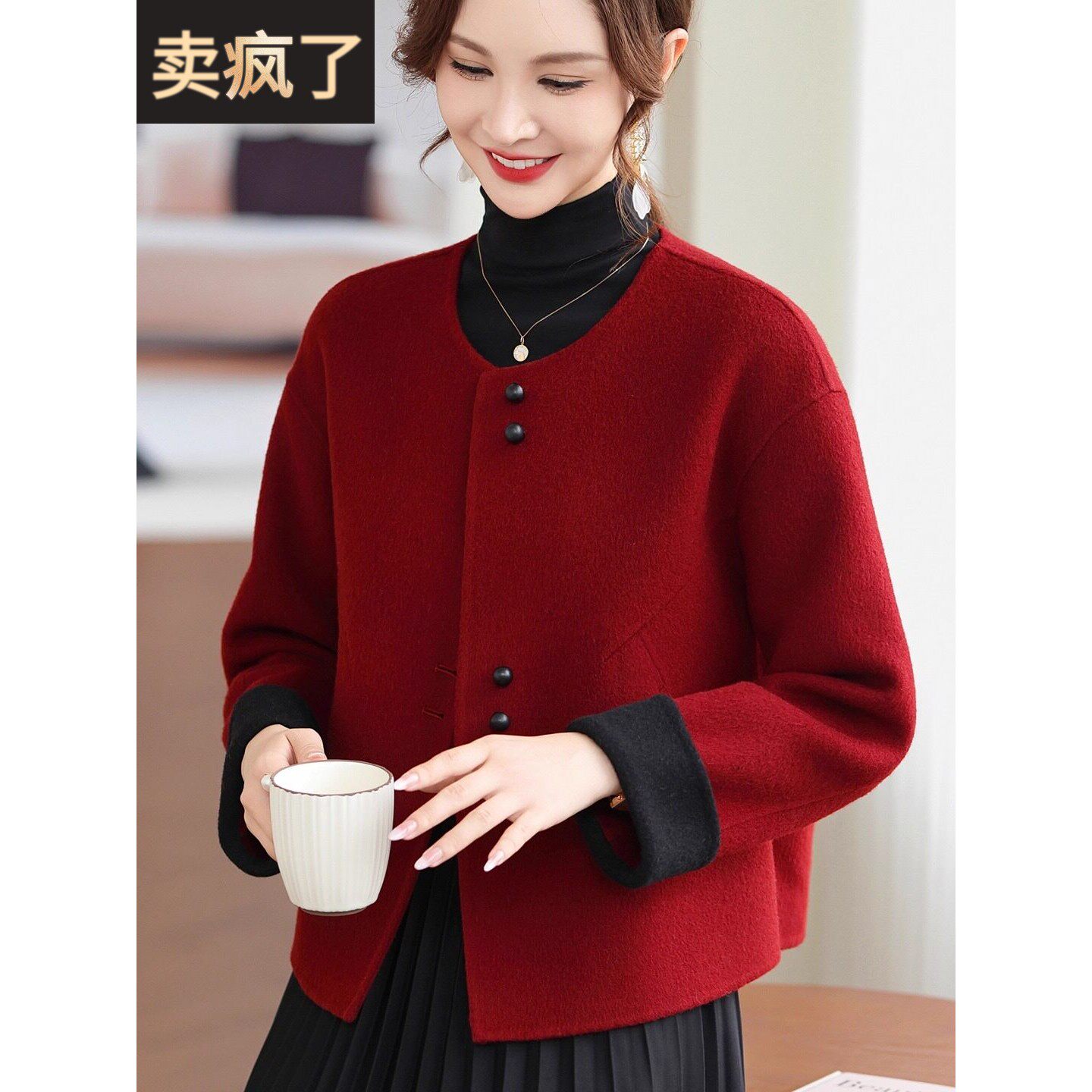 高端中年双面绒大衣女小个子短款年轻喜婆婆妈妈装红色羊毛呢外套