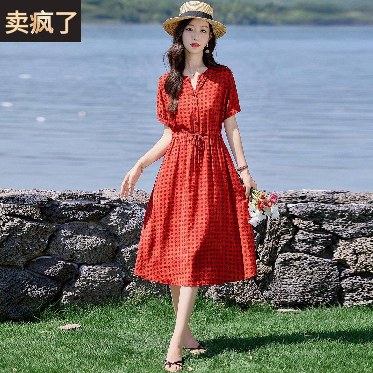 高级感桑蚕丝连衣裙女夏季红色波点V领系带气质显瘦杭州真丝裙子