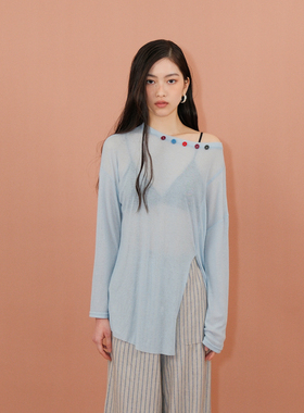 Thingness 防晒微透领口彩色纽扣宽松下摆开衩长袖