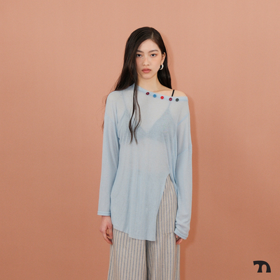 防晒微透领口彩色纽扣宽松长袖