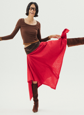 Thingness“起舞”红色拼接裙不挑身材大裙摆竹节棉中长裙