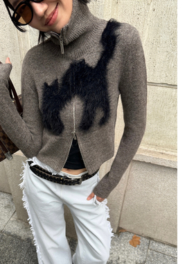 “炸毛的猫”羊毛修身双头拉链针织高领长袖外套