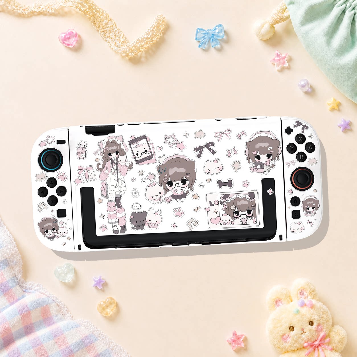 switch oled保护壳NS2代续航版硬壳分体全包防摔可爱咖发萌妹白壳图片