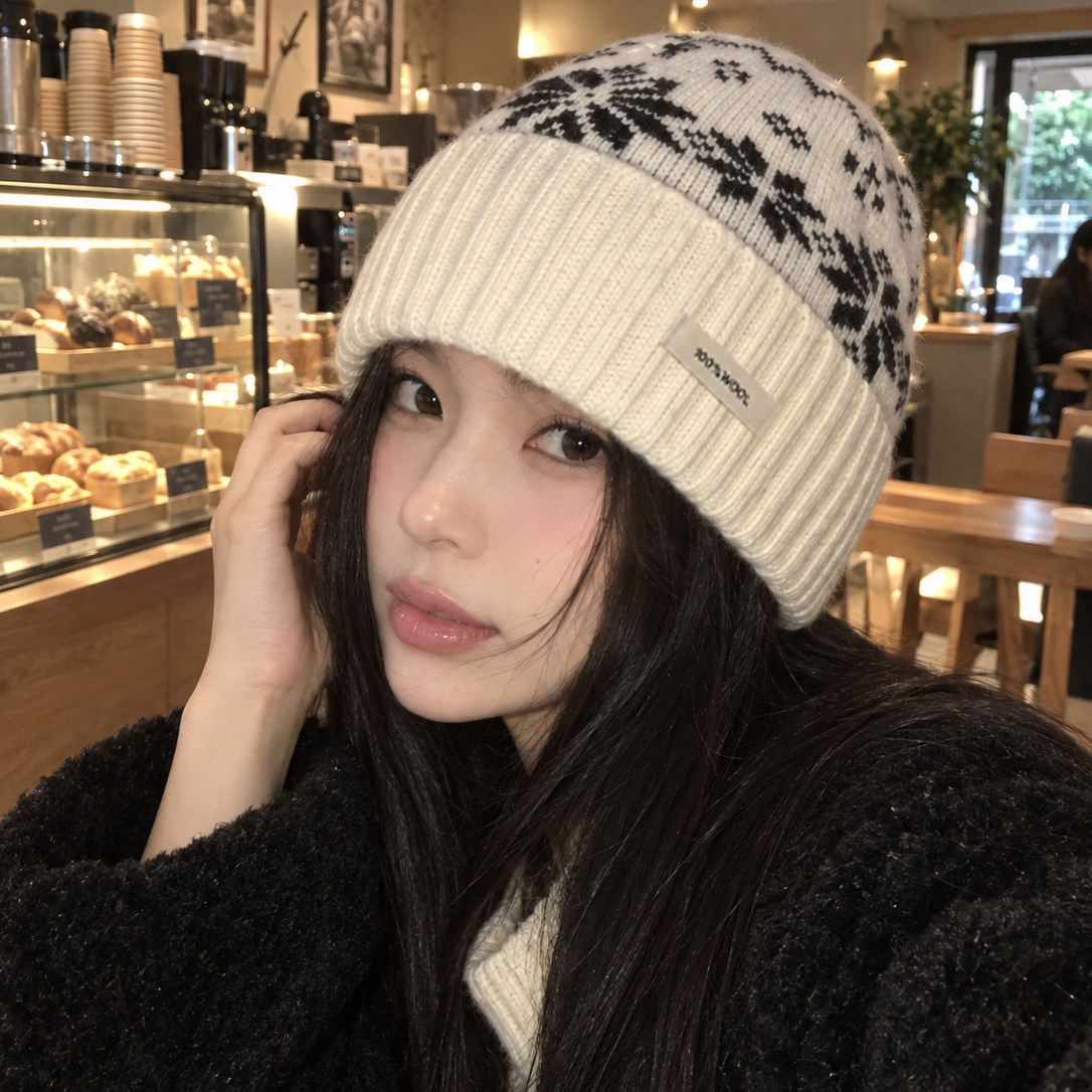 100%纯羊毛圣诞毛线针织帽女秋冬费尔岛冷帽大头围显脸小包头帽子