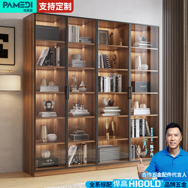 轻奢书柜实木定制玻璃门防尘柜子客厅展示柜转角一体组合整墙书架