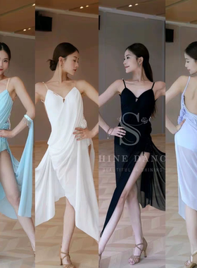 shine舞服拉丁舞服新款练功服演出比赛服吊带珍珠网纱飘纱连衣裙