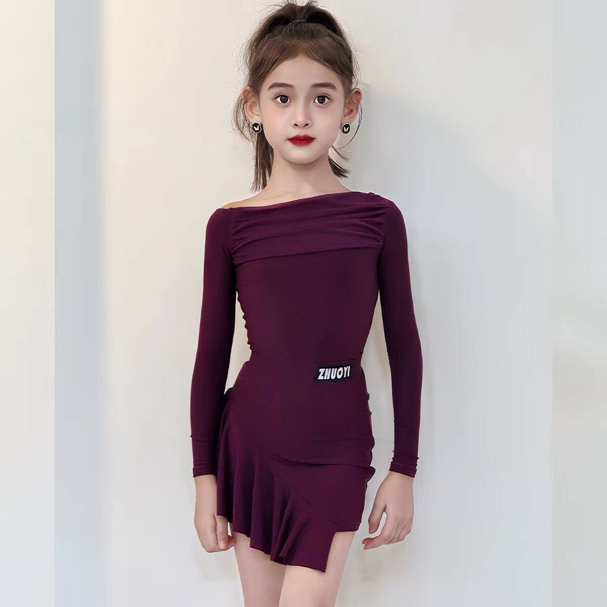 L298新款卓艺拉丁舞服女童冬季深紫色长袖分体练习服套装