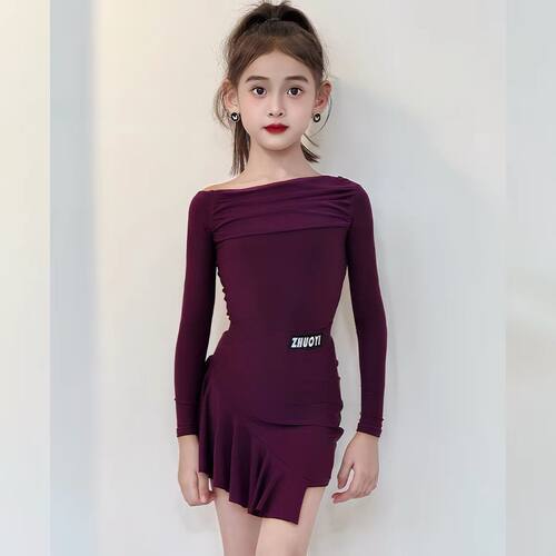 L298新款卓艺拉丁舞服女童冬季深紫色长袖分体练习服套装