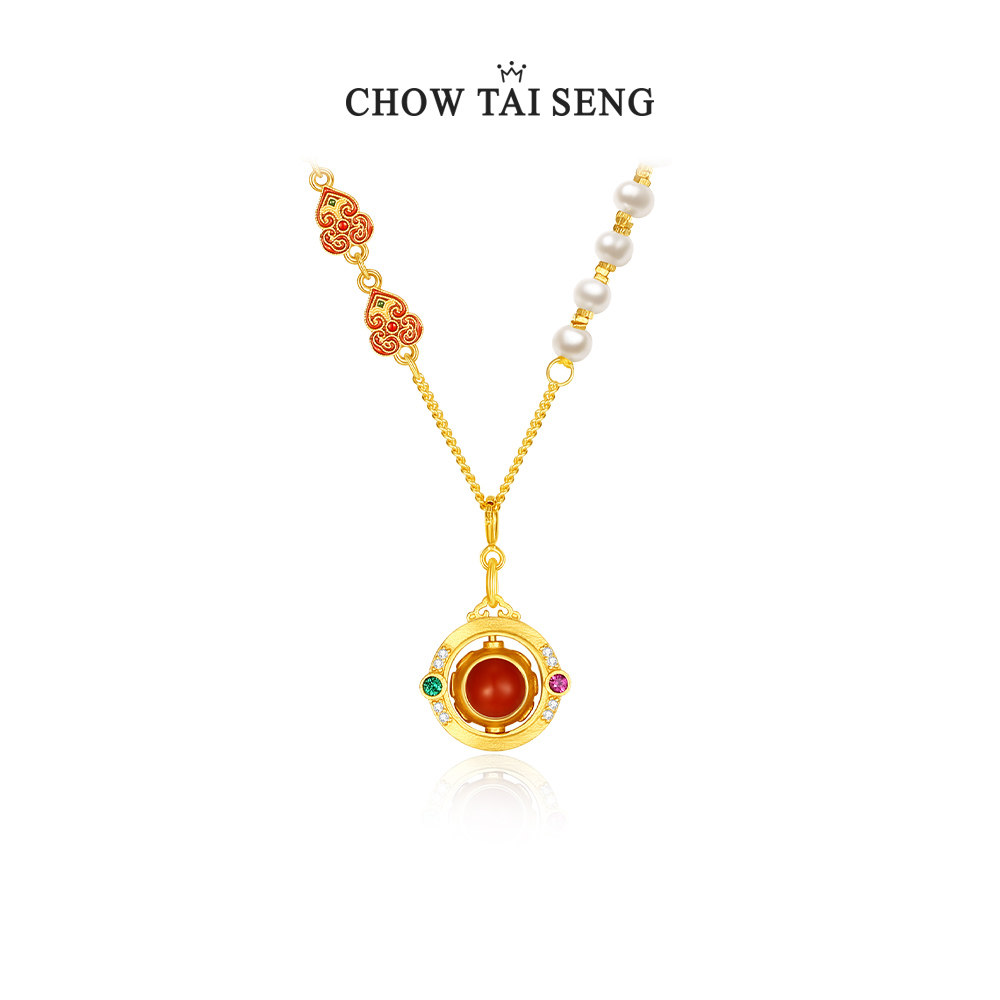 周大生国风项链女银S925玛瑙珍珠珐琅葫芦锁骨链生日礼物送女友